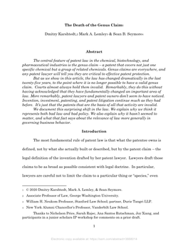 The Death of the Genus Claim1 Dmitry Karshtedt,2 Mark A. Lemley3 & Sean B. Seymore4 Abstract the Central Feature of Patent L