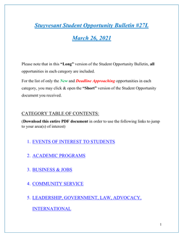Stuyvesant Student Opportunity Bulletin #27L March 26, 2021