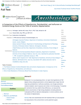 A Comparison of the Effects of Hypothermia, Pentobarbital, and Isoflurane on Cerebral Energy Stores at the Time of Ischemic Depolarization