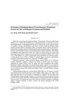 Economics of Pashmina Based Trans-Humance Production System in Cold Arid Region of Jammu and Kashmir