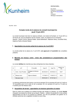 Compte Rendu De La Séance Du Conseil Municipal Du Jeudi 13 Juin 2013