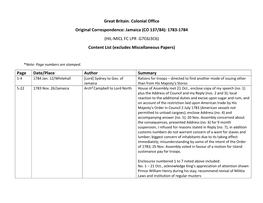 Great Britain. Colonial Office Original Correspondence: Jamaica (CO 137/84): 1783-1784 (HIL-MICL FC LPR .G7C6J3C6) Content List (Excludes Miscellaneous Papers)