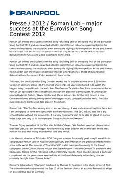 Presse / 2012 / Roman Lob – Major Success at the Eurovision Song Contest 2012