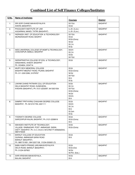 Combined List of Self Finance Colleges/Institutes