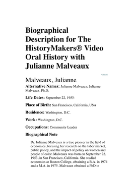 Biographical Description for the Historymakers® Video Oral History with Julianne Malveaux