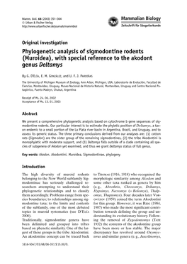 Phylogenetic Analysis of Sigmodontine Rodents (Muroidea), with Special Reference to the Akodont Genus Deltamys