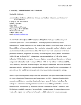 Connecting Commons and the IAD Framework Michael D. Mcginnis Associate Dean for Social & Historical Sciences and Graduate Ed