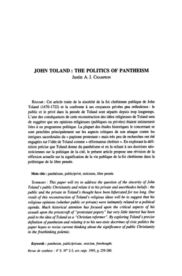 JOHN TOLAND: the POLITICS of PANTHEISM Justin A