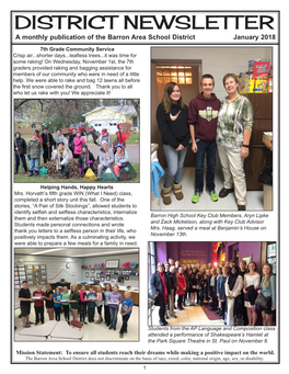 DISTRICT NEWSLETTER a Monthly Publication of the Barron Area School District January 2018