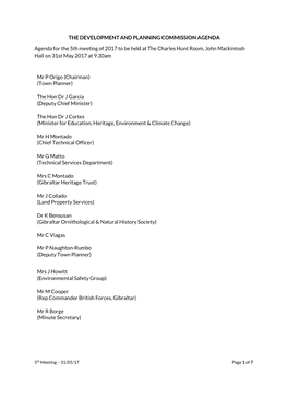 THE DEVELOPMENT and PLANNING COMMISSION AGENDA Agenda for the 5Th Meeting of 2017 to Be Held at the Charles Hunt Room, John Mack