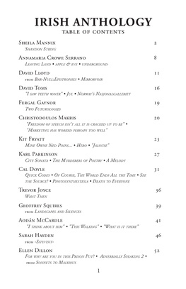 IRISH ANTHOLOGY Table of Contents