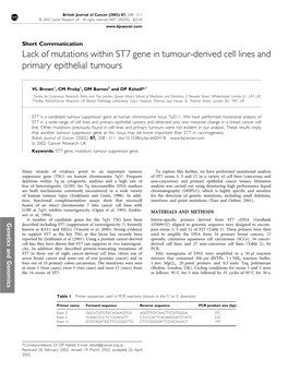 Lack of Mutations Within ST7 Gene in Tumour-Derived Cell Lines and Primary Epithelial Tumours