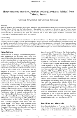 The Pleistocene Cave Lion, Panthera Spelaea (Carnivora, Felidae) from Yakutia, Russia