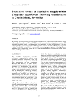 Population Trends of Seychelles Magpie-Robins Copsychus Sechellarum Following Translocation to Cousin Island, Seychelles