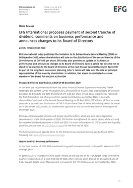 EFG International Proposes Payment of Second Tranche of Dividend, Comments on Business Performance and Announces Changes to Its Board of Directors