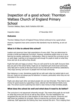 Thornton Watlass Church of England Primary School Thornton Watlass, Ripon, North Yorkshire HG4 4AH