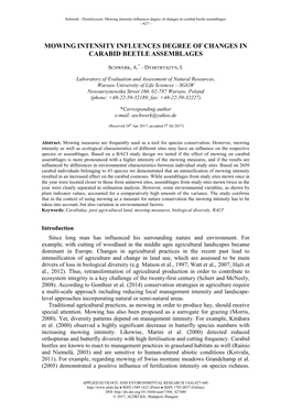 SCHWERK, A. – DYMITRYSZYN, I. : Mowing Intensity Influences Degree of Changes in Carabid Beetle Assemblages