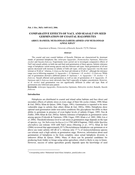 Comparative Effects of Nacl and Seasalt on Seed Germination of Coastal Halophytes Abdul Hameed, Muhammad Zaheer Ahmed and Muhammad Ajmal Khan*