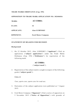 TRADE MARKS ORDINANCE (Cap. 559) OPPOSITION to TRADE