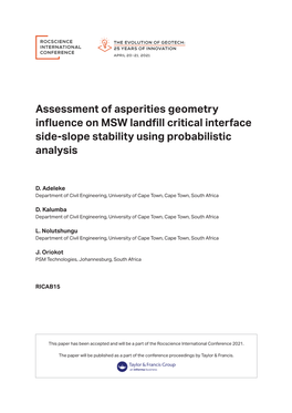 Assessment of Asperities Geometry Influence on MSW Landfill Critical Interface Side-Slope Stability Using Probabilistic Analysis