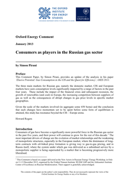 Consumers As Players in the Russian Gas Sector