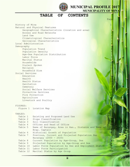 MUNICIPAL PROFILE 2017 MUNICIPALITY of MINA TABLE of CONTENTS Page