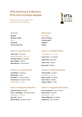 2016 Nominees & Winners IFTA Film & Drama Awards