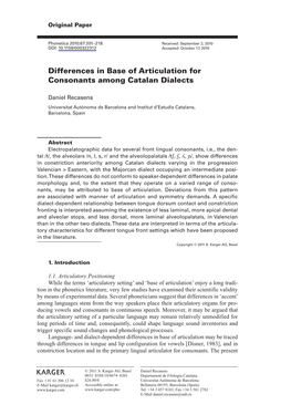 Differences in Base of Articulation for Consonants Among Catalan Dialects