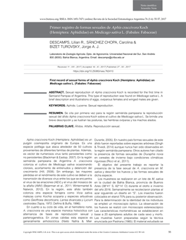 Primer Registro De Formas Sexuales De Aphis Craccivora Koch (Hemiptera: Aphididae) En Medicago Sativa L