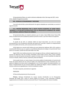 23-17. Moción. Recortes En PGE 2017 Contra El