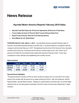 Hyundai Motor America Reports February 2018 Sales