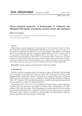 Physico-Chemical Properties of Haemolymph of Chilopoda and Diplopoda (Myriapoda, Arthropoda): Protein Content, Ph, Osmolarity