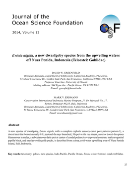 Eviota Algida, a New Dwarfgoby Species from the Upwelling Waters Off Nusa Penida, Indonesia (Teleostei: Gobiidae)