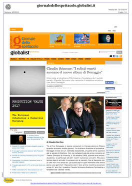 Giornaledellospettacolo.Globalist.It Notizia Del: 12/10/2016 Sezione: MUSICA Foglio: 1/4