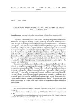 Działalność Wojskowa Krzysztofa Radziwiłła „Pioruna” W Latach 1572–1579