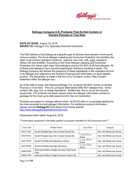Kellogg's Specialty Channels Allergen Statement
