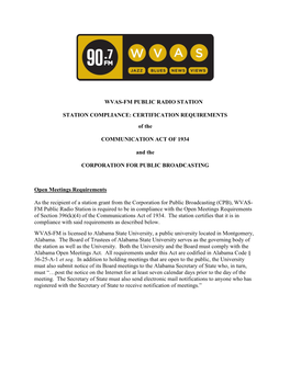 WVAS-FM PUBLIC RADIO STATION STATION COMPLIANCE: CERTIFICATION REQUIREMENTS of the COMMUNICATION ACT of 1934 and the CORPORATI