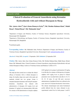 Clinical Evaluation of General Anaesthesia Using Ketamine Hydrochloride with and Without Diazepam in Sheep