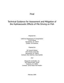 Technical Guidance for Assessment and Mitigation of the Hydroacoustic Effects of Pile Driving on Fish