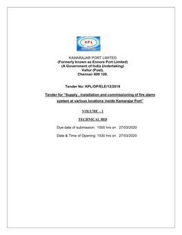 KAMARAJAR PORT LIMITED (Formerly Known As Ennore Port Limited) (A Government of India Undertaking) Vallur (Post), Chennai- 600 120