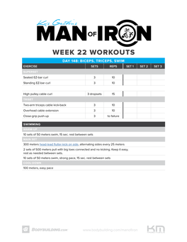 WEEK 22 WORKOUTS DAY 148: BICEPS, TRICEPS, SWIM EXERCISE SETS REPS SET 1 SET 2 SET 3 SUPERSET Seated EZ-Bar Curl 3 10 Standing EZ-Bar Curl 3 10