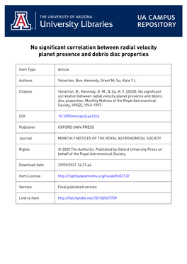 No Significant Correlation Between Radial Velocity Planet Presence and Debris Disc Properties