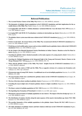 Publication List Nathan John Bastian - Professor of Astrophysics 194 Refereed/Submitted Publications, > 10, 100 Citations, H-Index of 56