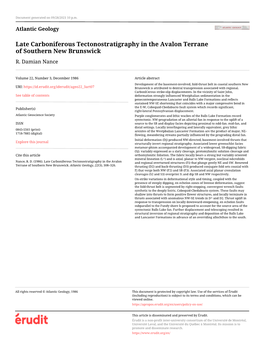 Late Carboniferous Tectonostratigraphy in the Avalon Terrane of Southern New Brunswick R