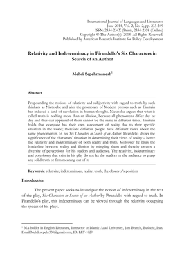 Relativity and Indeterminacy in Pirandello's Six Characters in Search of an Author