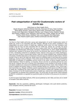 Pest Categorisation of Non‐EU Cicadomorpha Vectors of Xylella Spp
