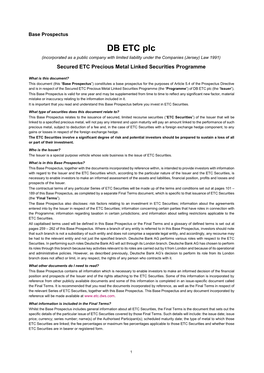 DB ETC Plc (Incorporated As a Public Company with Limited Liability Under the Companies (Jersey) Law 1991) Secured ETC Precious Metal Linked Securities Programme