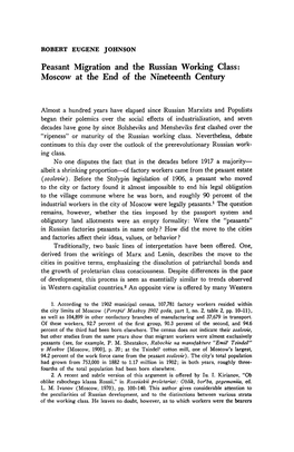 Peasant Migration and the Russian Working Class: Moscow at the End of the Nineteenth Century