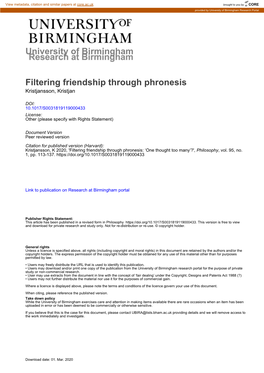 University of Birmingham Filtering Friendship Through Phronesis