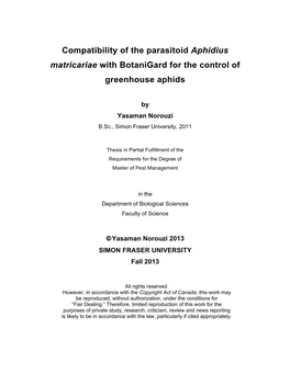 Compatibility of the Parasitoid Aphidius Matricariae with Botanigard for the Control of Greenhouse Aphids